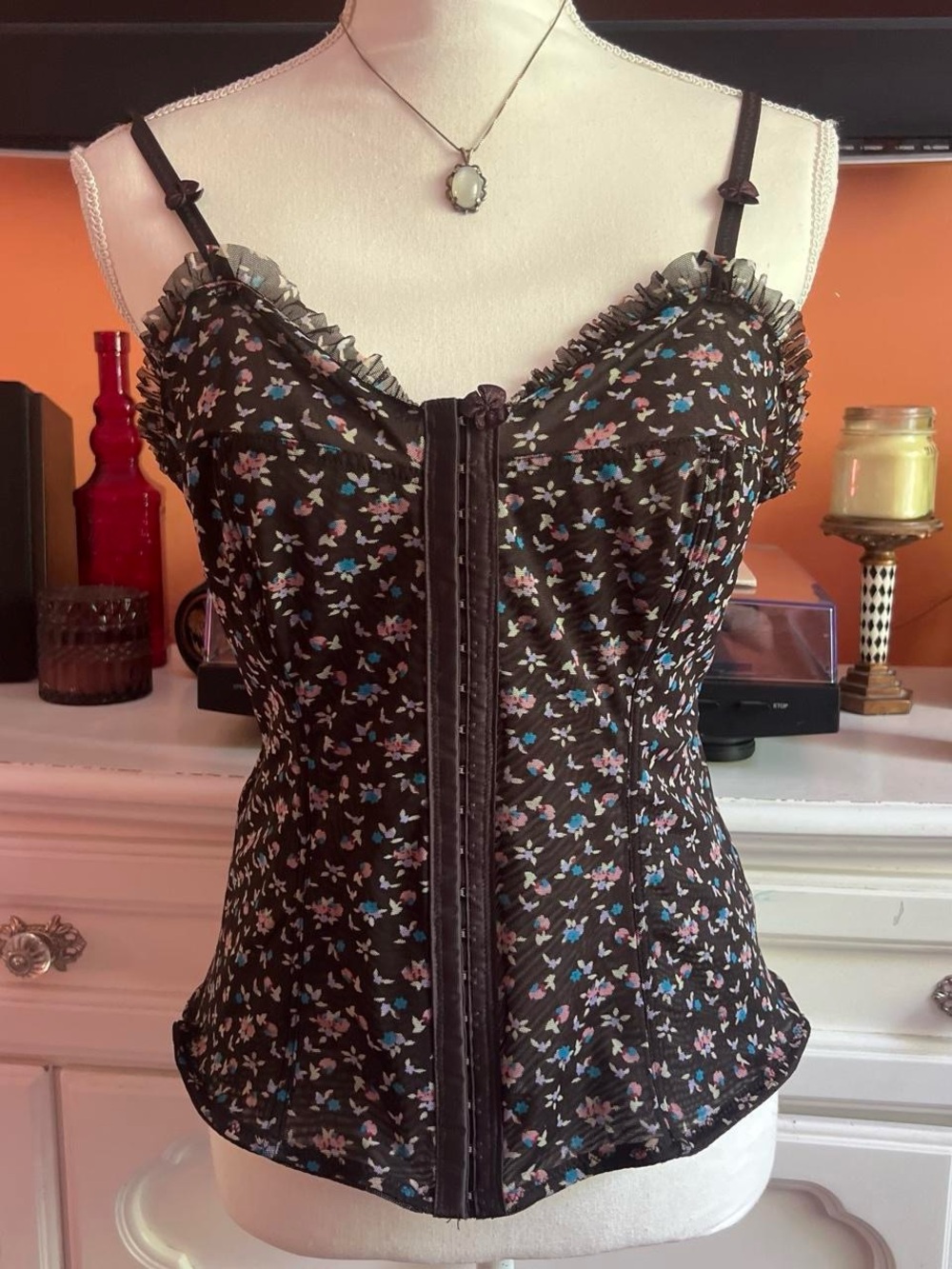 Black Floral Lace-Trim Bustier Camisole
